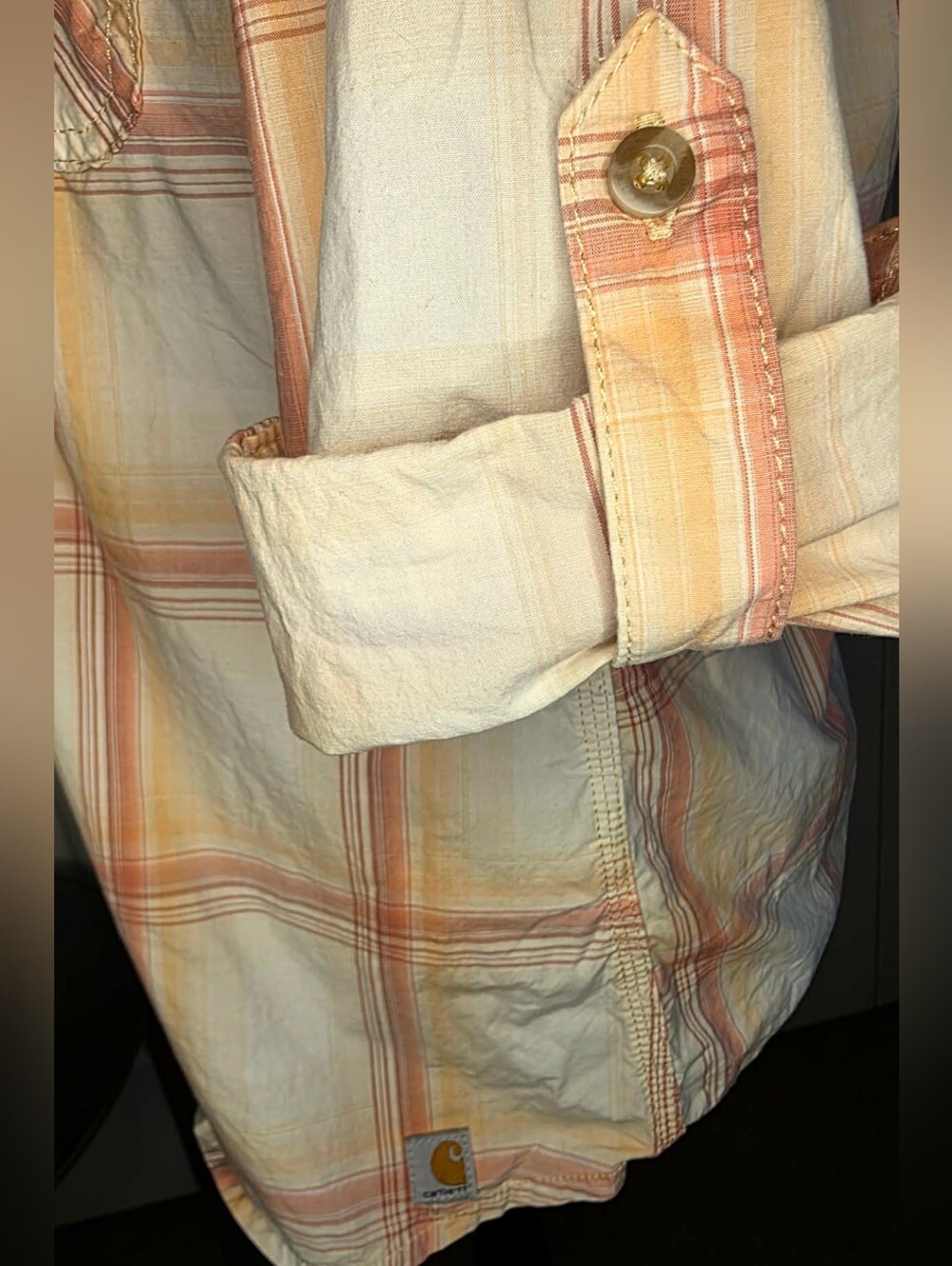 Carhartt Women's Plaid Button-Up Shirt - Peach/Coral & White - Size XL (16/18) - Picture 4 of 10